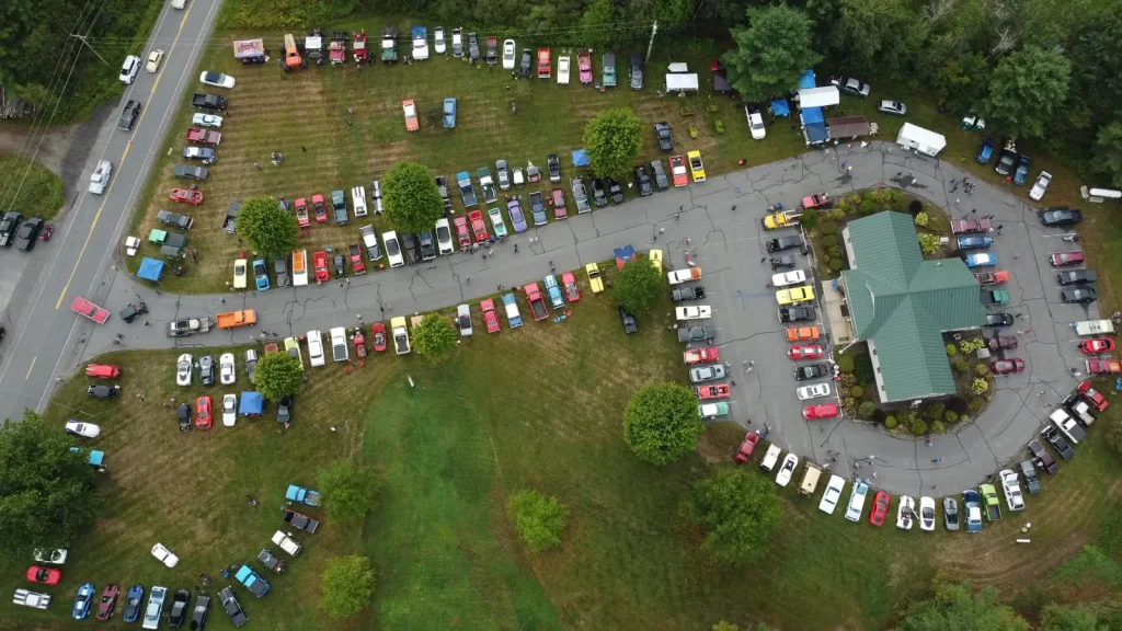 Aerial view of Freddie's Cruise-In 2025 in Vassalboro, Maine