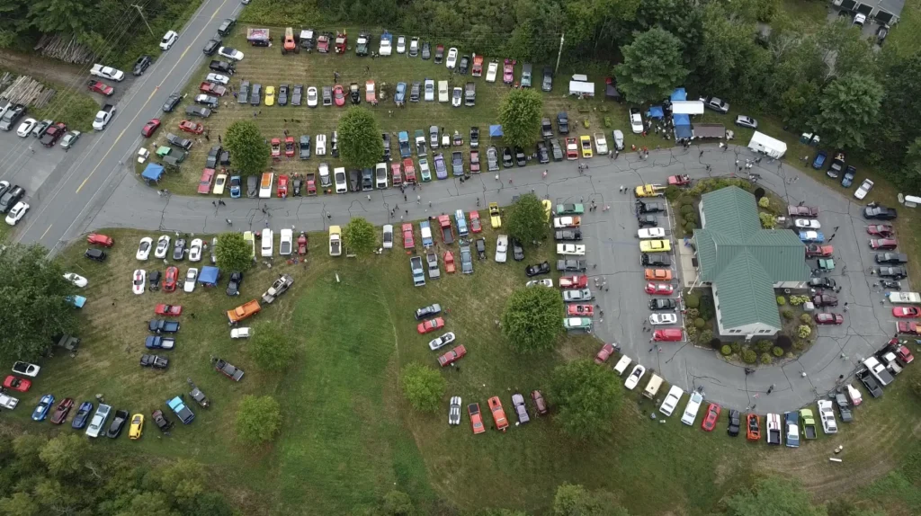 Aerial view of Freddie’s Cruise-In 2025 in Vassalboro, Maine