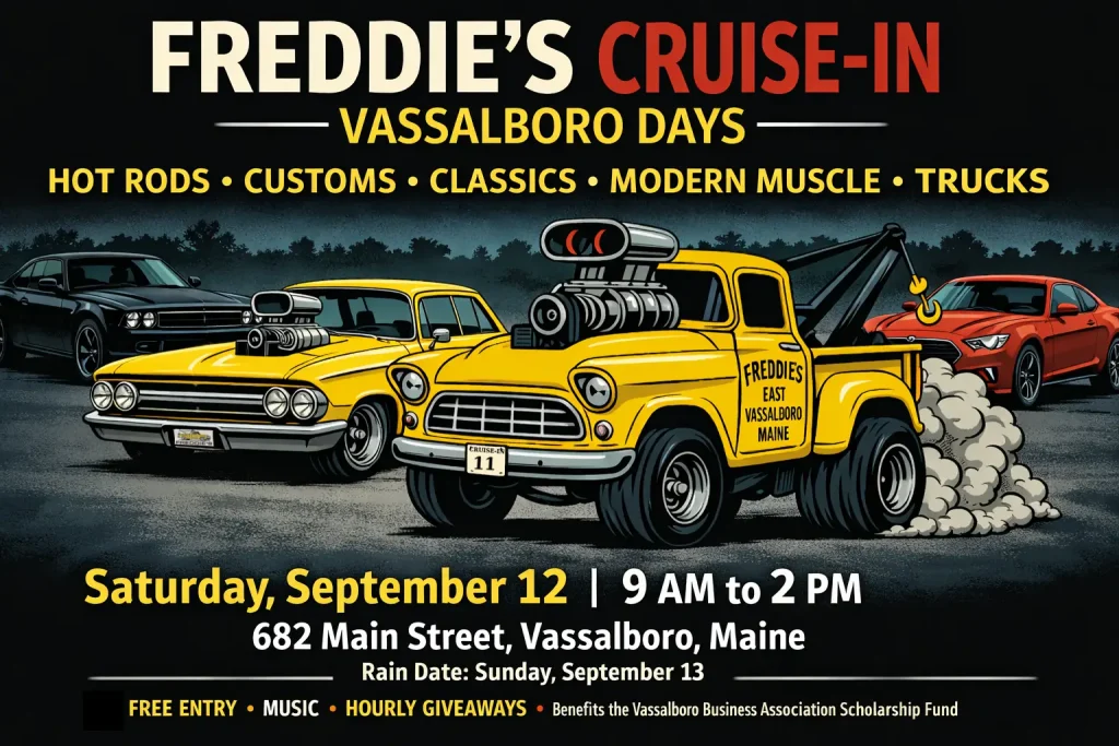Freddie's Cruise-In Maine car show in Vassalboro featuring hot rods, classic cars and trucks
