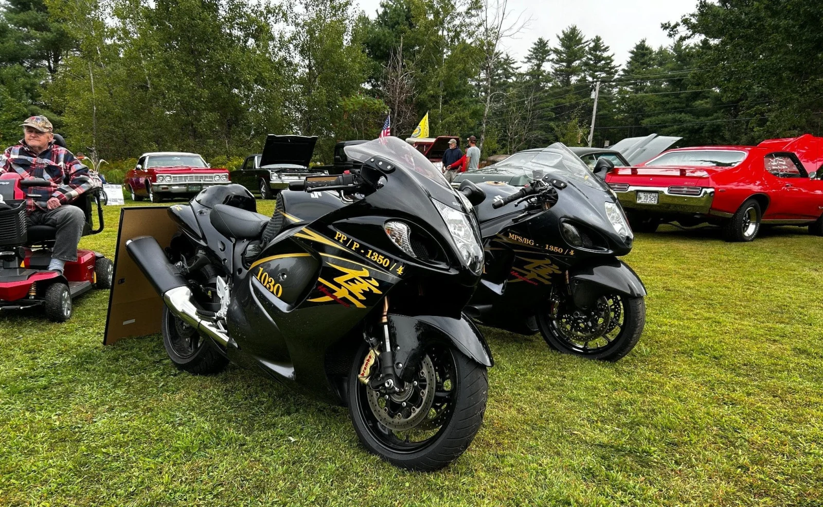 Two second-generation 2008–2020 Suzuki GSX1300R Hayabusa motorcycles at Freddie's Cruise-In 2024.