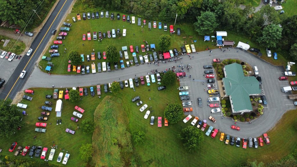 Aerial view of Freddie's Cruise-In 2024 in Vassalboro, Maine