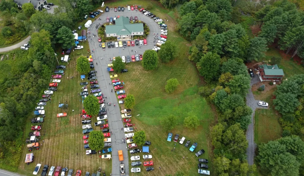 Aerial overview of Freddie's Cruise-In 2025 show grounds in Vassalboro, Maine.