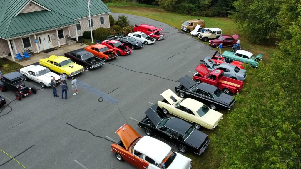 Aerial view of classic cars around the Vassalboro Town Office at Freddie's Cruise-In 2025.