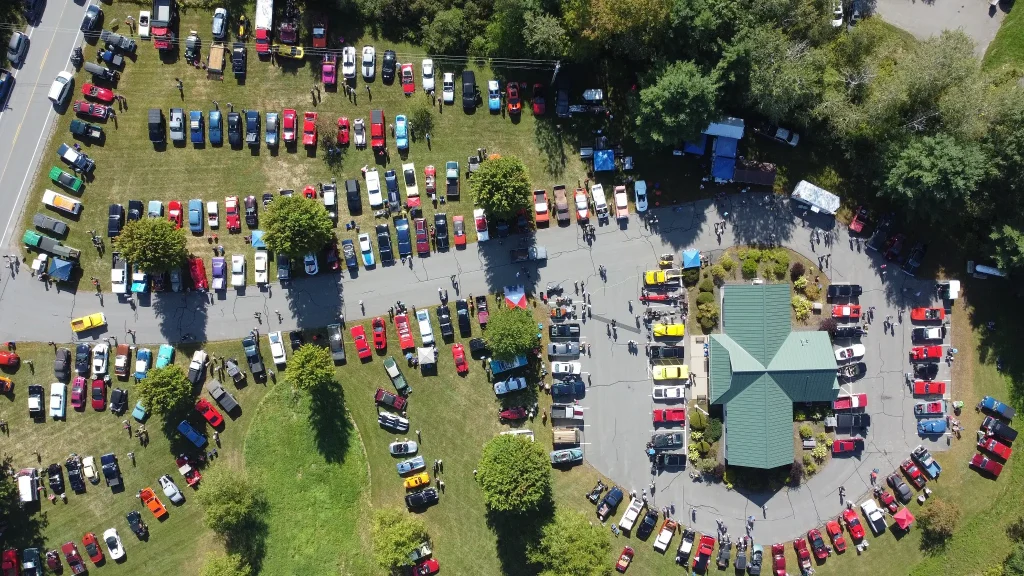 Overhead view of classic cars surrounding the Vassalboro Town Office at Freddie's Cruise-In 2026.