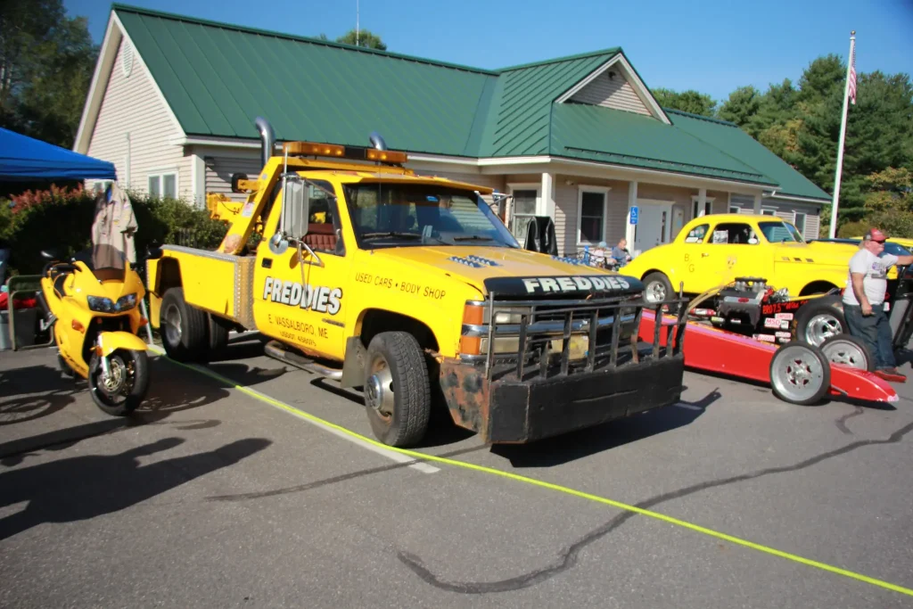 Freddie's yellow vintage wrecker displayed at Freddie's Cruise-In 2026 in Vassalboro, Maine.
