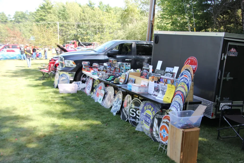 Automotive vendor display at Freddie's Cruise-In 2026 in Vassalboro, Maine.